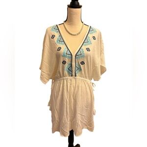 Kona Sol White and Blue Embroidered Swim Coverup